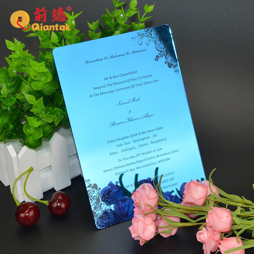 High Quality Customized Size Luxury Blue Mirror Acrylic Wedding Invitation Card