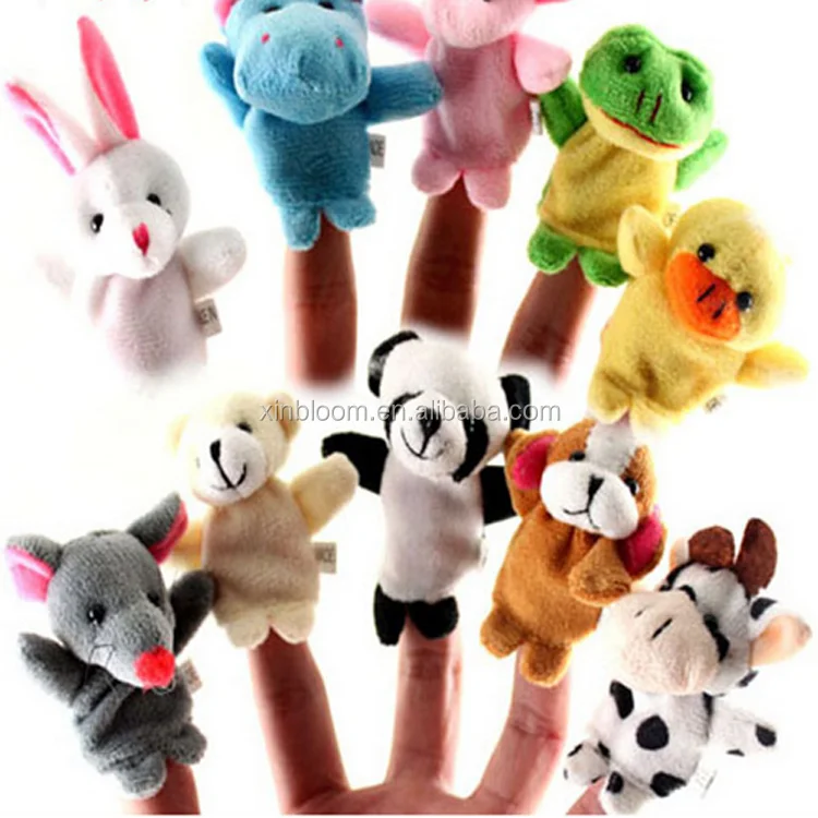lovely cartoon double player plush animal bear mouse frog rabbit and panda kid's teaching finger puppet toy doll set with feet