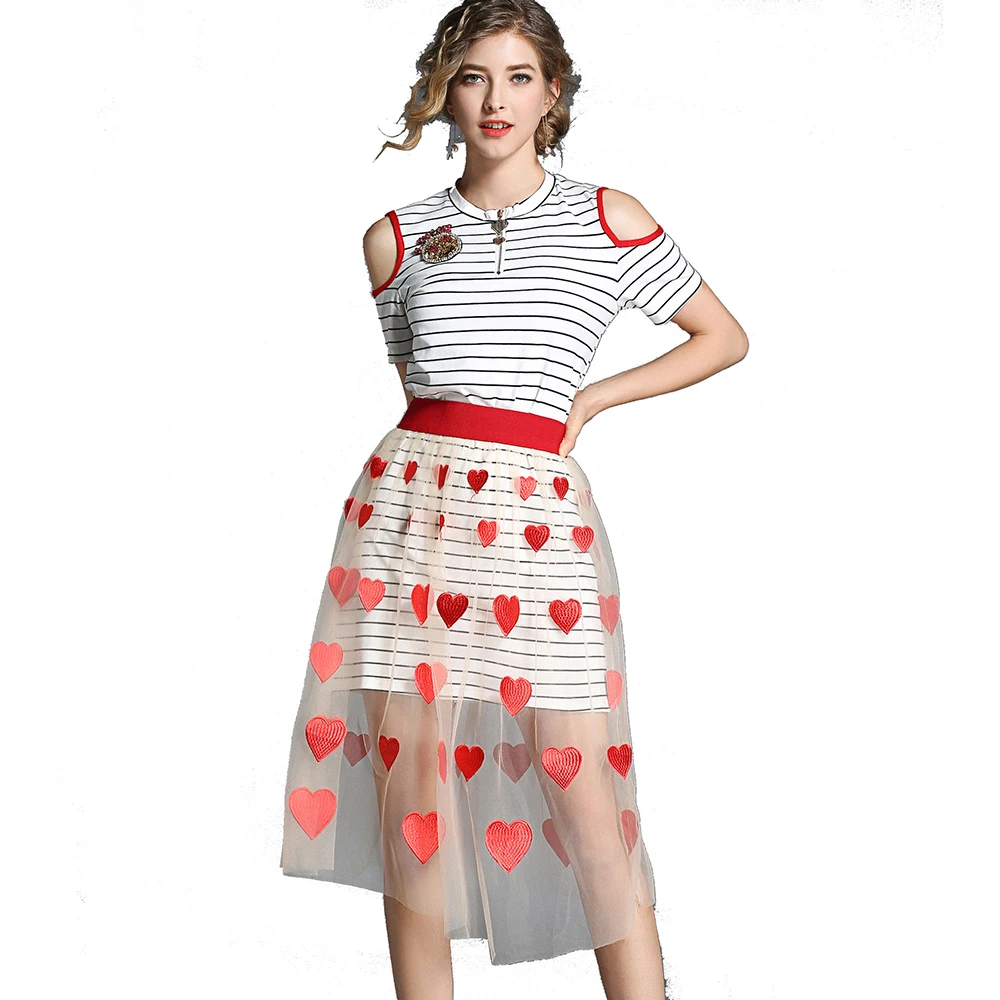 Europe and America Women Fashion O Neck Zip Front Off the Shoulder Short Sleeve Stripes Dress with Hearts Embroidery Mesh Skirt, Print
Europe and America Women Fashion O Neck Zip Front Off the Shoulder Short Sleeve Stripes Dress with Hearts Embroidery Mesh Skirt, Print