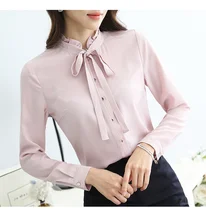 Female Spring Fall New Fashion Women Tops Long Sleeve Bowknot Bandage Lace Buttons Blouse Chiffon T-shirt