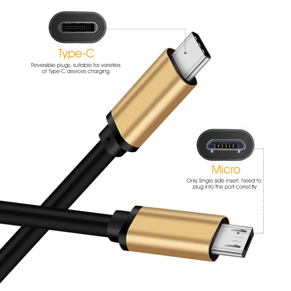 Gold cover black line type c to micro usb cable for PC,mobile phone and other devices CE/FCC/RoHS certificates - ANKUX.COM