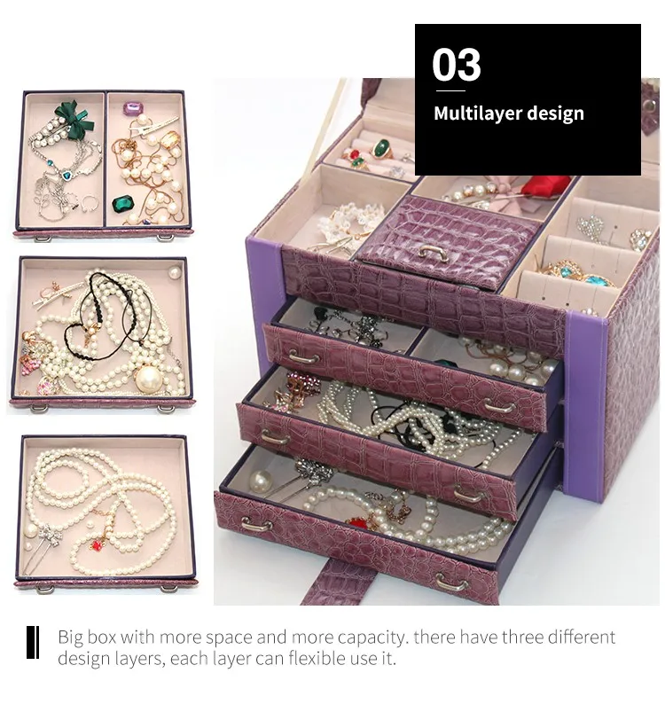 3 drawer glass mirror jewelry box luxury pu leather gift box for