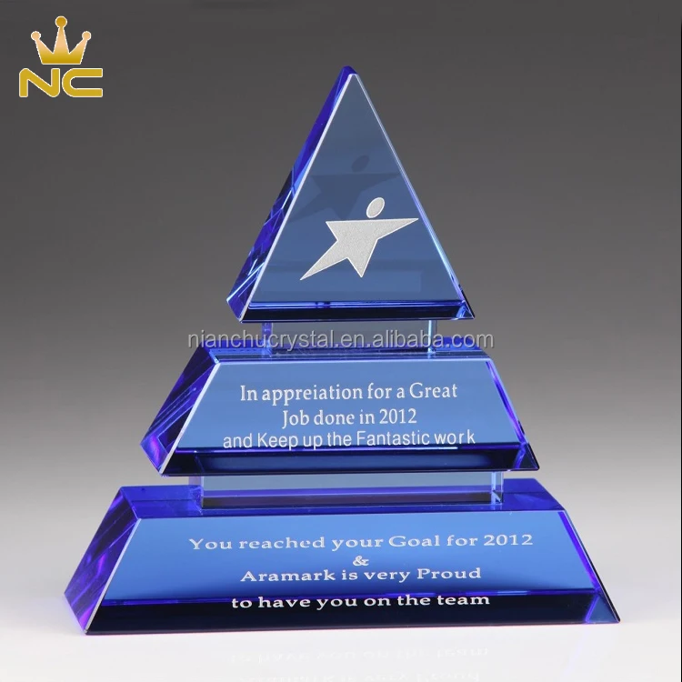 blue corporate pyramid shaped crystal recognition awards with
