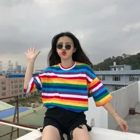 Rainbow Strip Print Half Sleeves T-shirts Sweet Color Women Summer Top O-neck Tee Female Plus Size Women Half Sleeve Girl Cloth
Rainbow Strip Print Half Sleeves T-shirts Sweet Color Women Summer Top O-neck Tee Female Plus Size Women Half Sleeve Girl Cloth