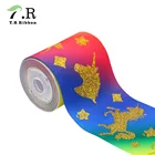 3"75 mm Gold Glitter Unicorn Series Pastel Color Printed Grosgrain Ribbon