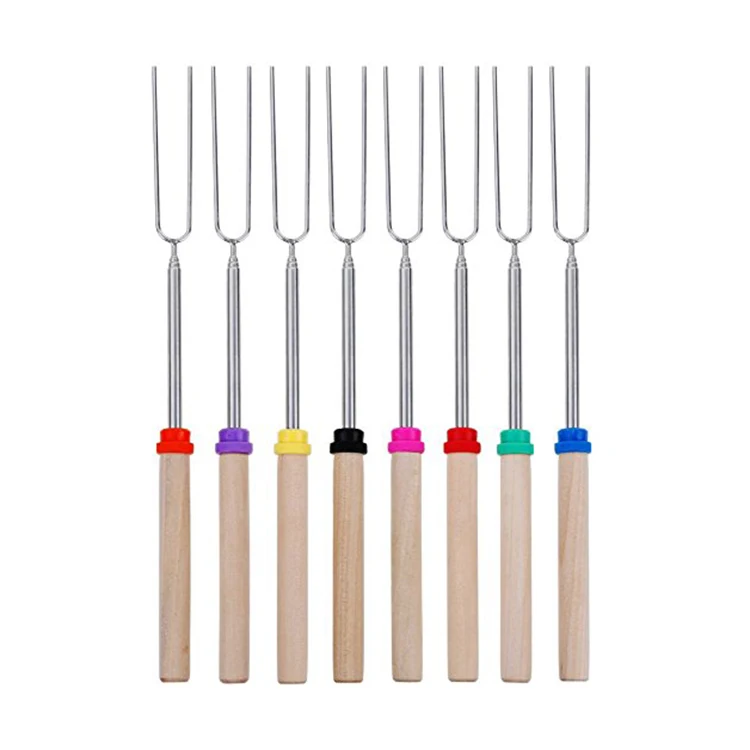 

2021 New Design Product Stretch Stainless Steel Barbecue Fork 8 Color Wood Handle Marshmallow Roasting BBQ Sticks, 8 colors accept customized color