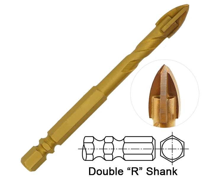 Titanium Coated Double R Hex Shank Cross Carbide Tip Glass Drill Bit with Flute for Glass Ceramic Porcelain Tile Drilling