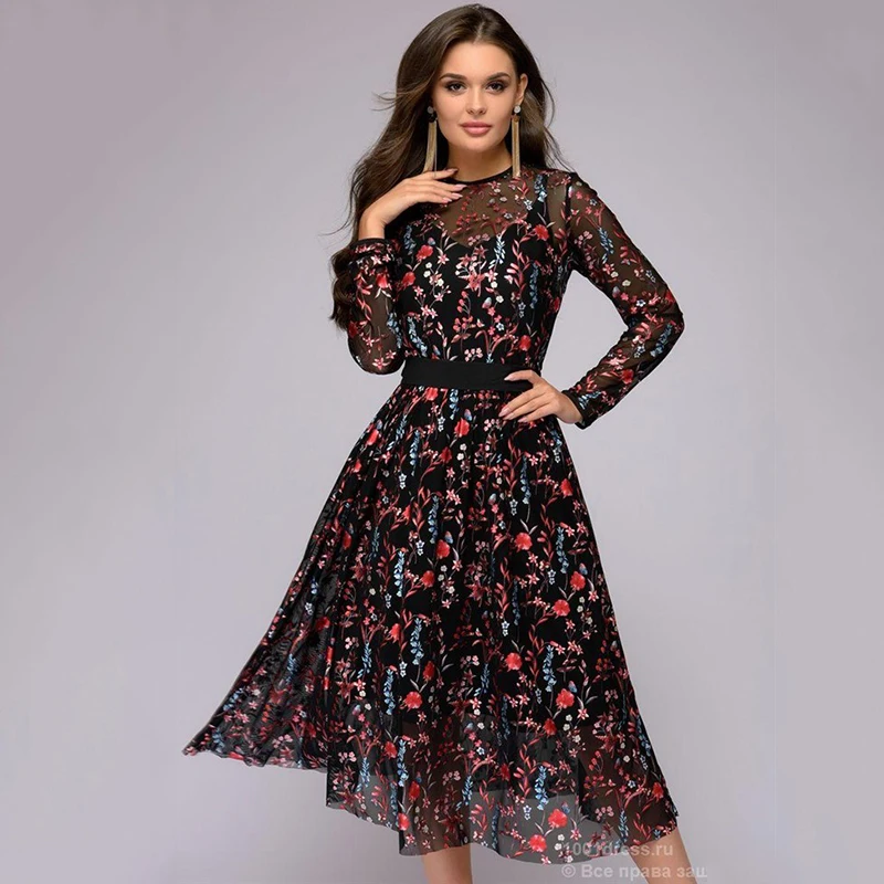 Sexy Women Floral Embroidery knee-length Dress Sheer Mesh Autumn Boho A-line Dress See-through Black Dress, As show
Sexy Women Floral Embroidery knee-length Dress Sheer Mesh Autumn Boho A-line Dress See-through Black Dress, As show