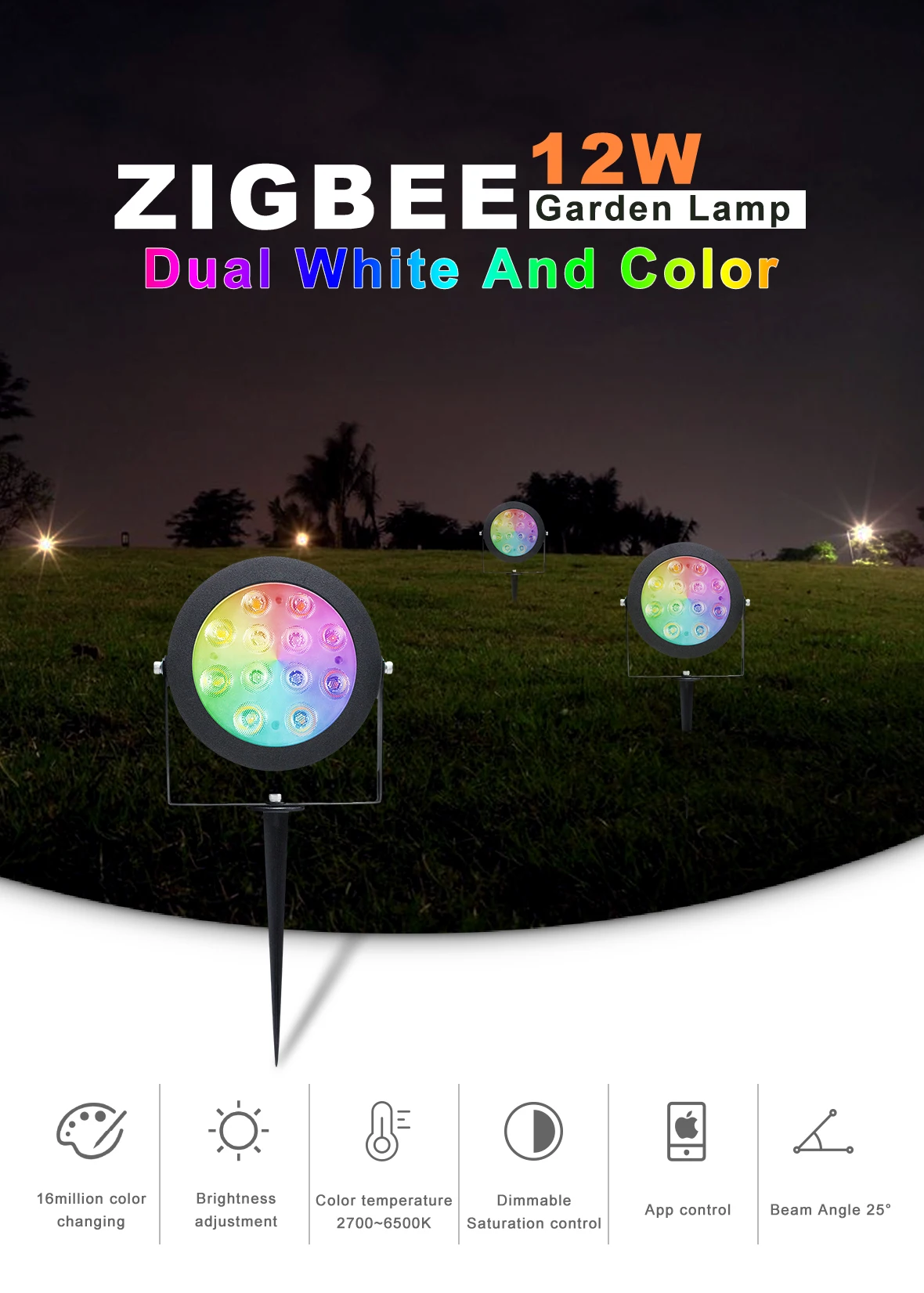 3year Warranty Ce Rohs Fcc Certified 12w High Bright Rgb Warm Cool White Dimmable Zigbee Color Outdoor Led Garden Light - ANKUX.COM