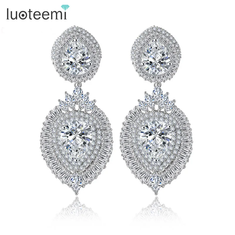 

LUOTEEMI Wholesale Bridal Wedding Luxury White Gold Sparkling Top White CZ Zirconia Party Waterdrop Drop Dangle Earrings, N/a