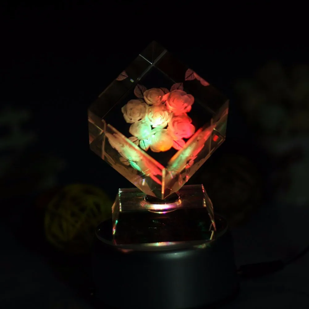 custom fish 3d laser engraved crystal cube with led light base