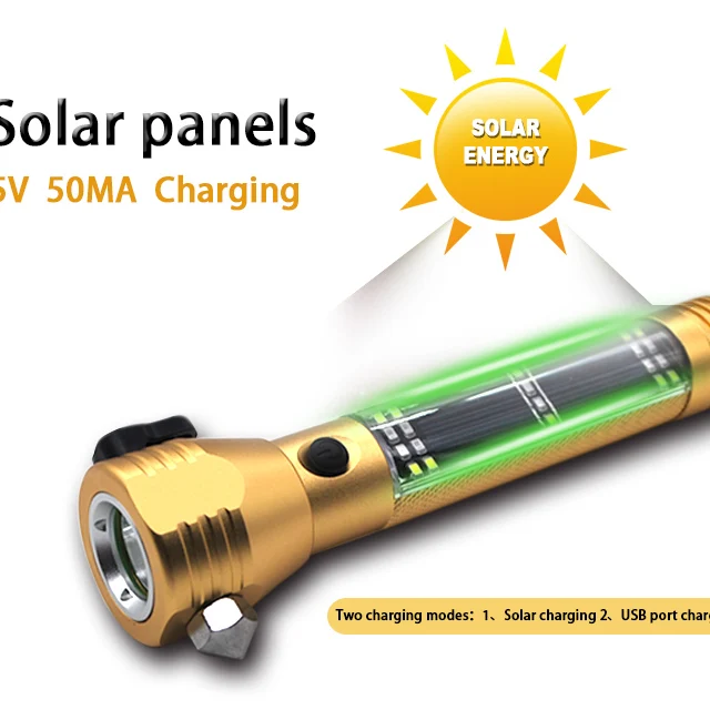 PanaTorch solar power outdoor camping car escape LED light torch with magnetic and hammer