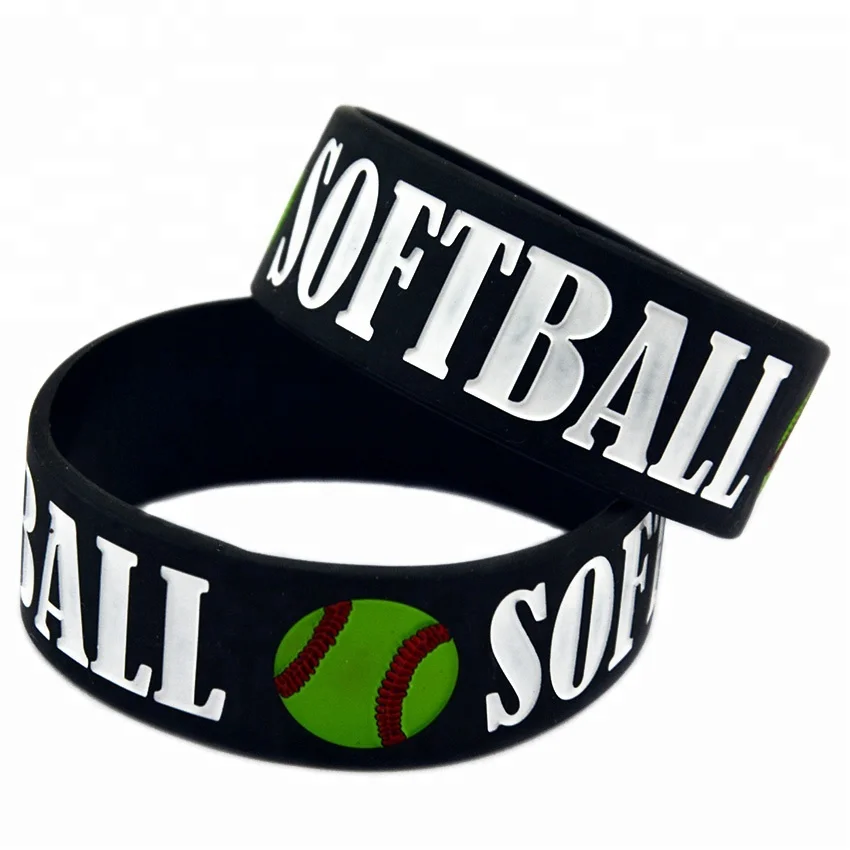

25PCS 1 Inch Wide Softball Logo Silicone Wristband for Promotion Gift, Black
