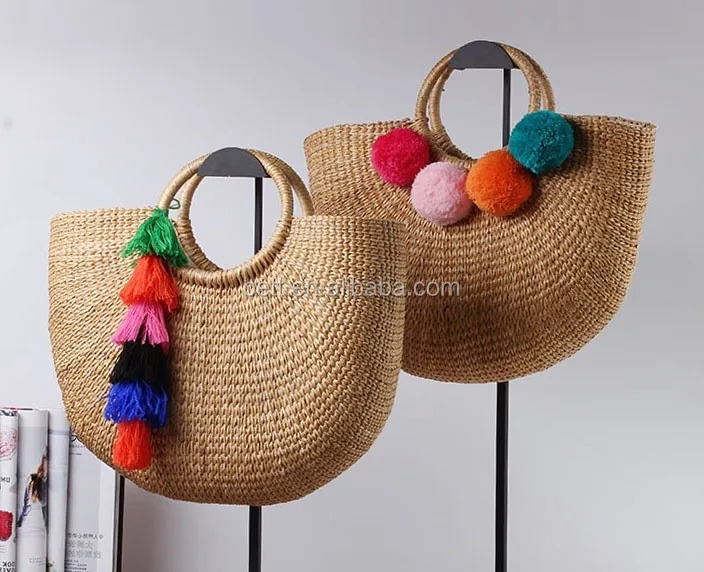 beach bag with wood round handle straw summer basket handbag