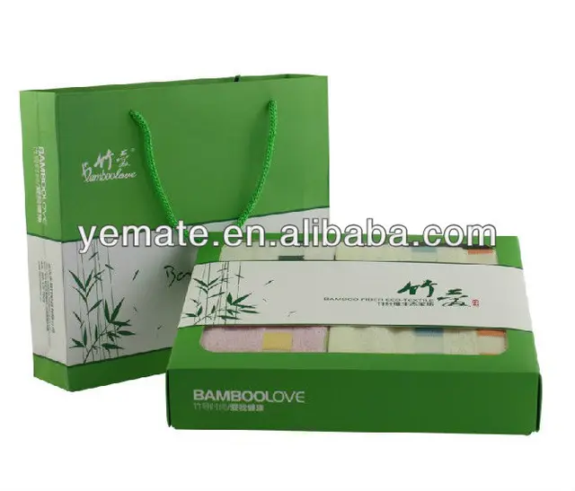 green paper cardboard bath towel packaging box set with gift bag