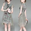 Elegant retro Chinese style asymmetrical hem design ruffled sleeves inkjet printed chiffon dresses