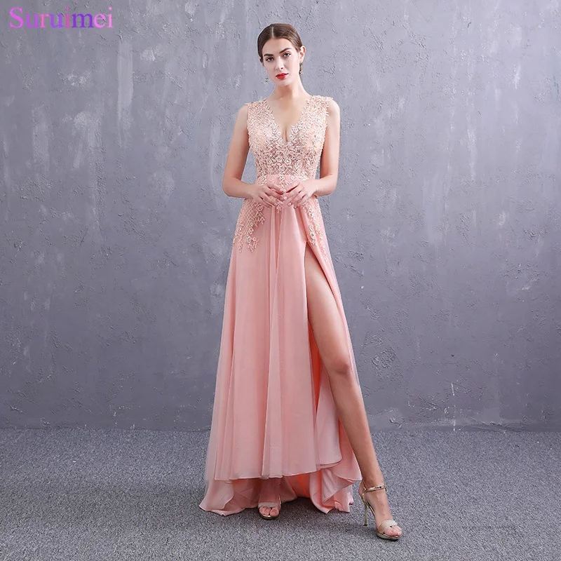 2019 New Arrival Sexy V Neck Peach Evening Dresses See Through Lace Applique Backless Side Slit Long Evening Gown
2019 New Arrival Sexy V Neck Peach Evening Dresses See Through Lace Applique Backless Side Slit Long Evening Gown