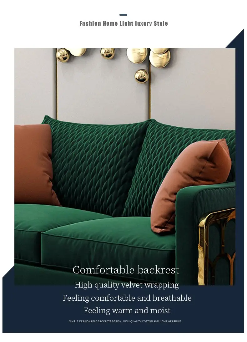 Green Velvet Banquet Chromed Stainless Steel Legs Living Room Luxurious 4 Settee Sofa with Cushion