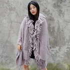CX-B-P-07A Soft Shawl Real Rabbit Fur Trim Cashmere Cape