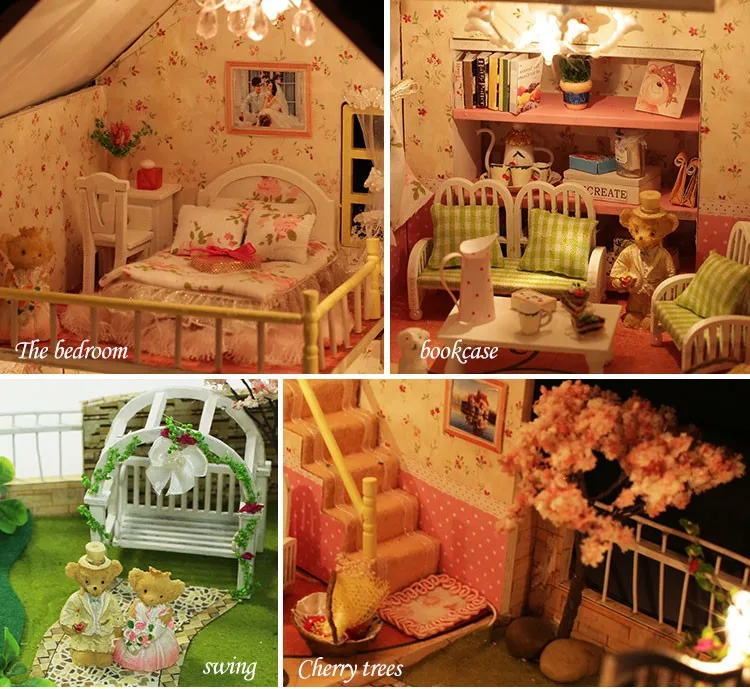 handmade beautiful diy wooden doll house with furniture for kid