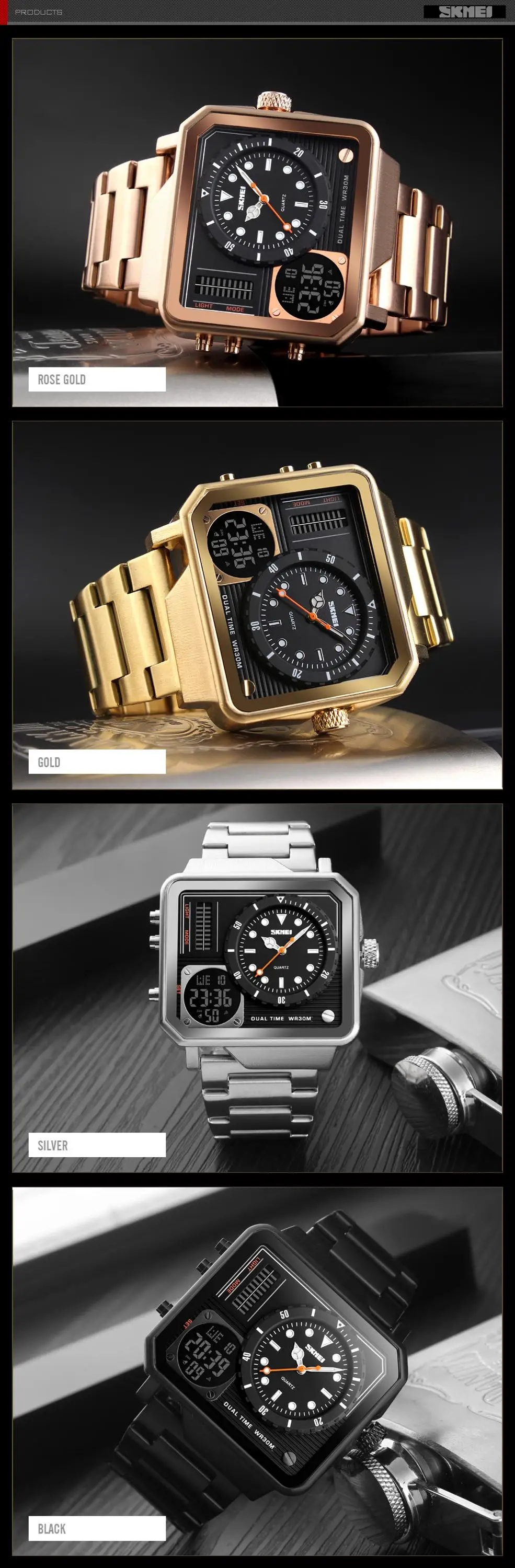 SKMEI 1392 Luxury Mens Brand Stainless Steel Watch Golden Dual Time Quartz Digital Watches