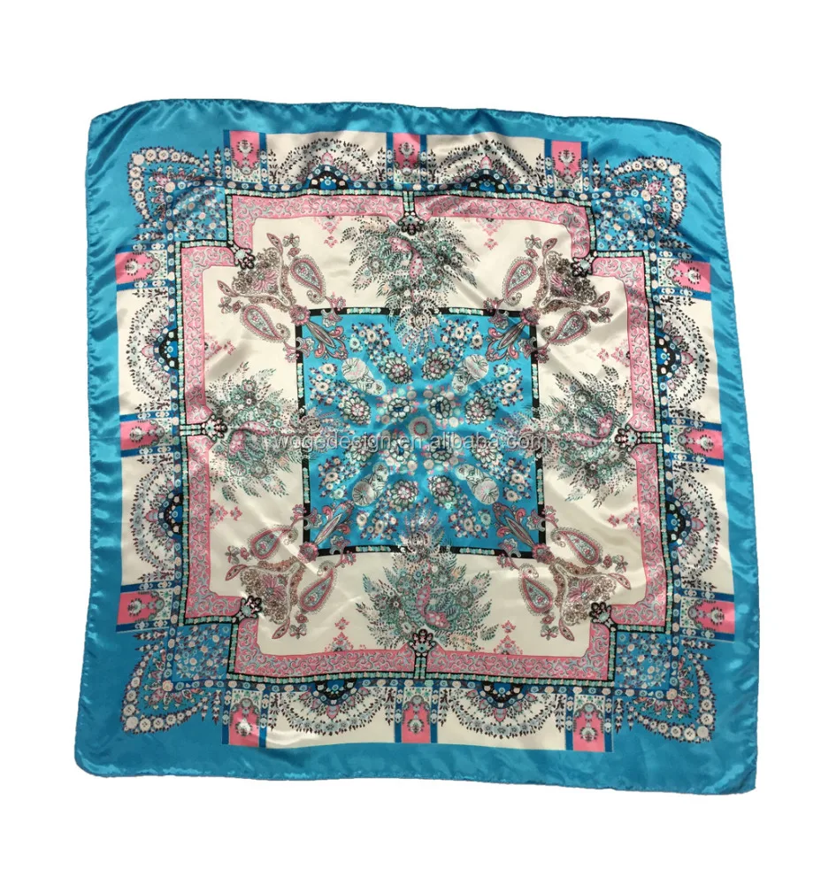 Yiwu manufacturer cheap print floral geometric silk head scarfs cloth muffler shawls shine womans satin square polyester hijabs