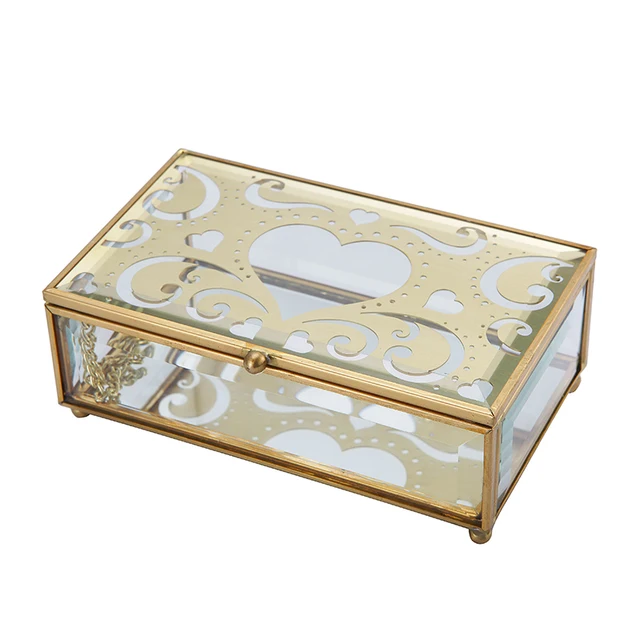 Hongmao simple graceful cuboid mirror clear glass love jewelry box for girlfriend