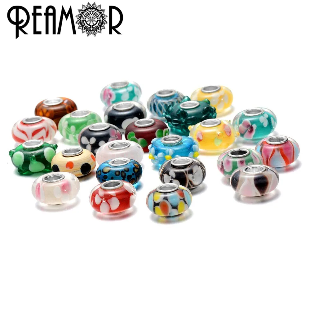 

REAMOR 20pcs/lot Mixed European Round Lampwork Bead Murano Glass Beads Charms Fit DIY Women Bracelets Jewelry Making Accessories