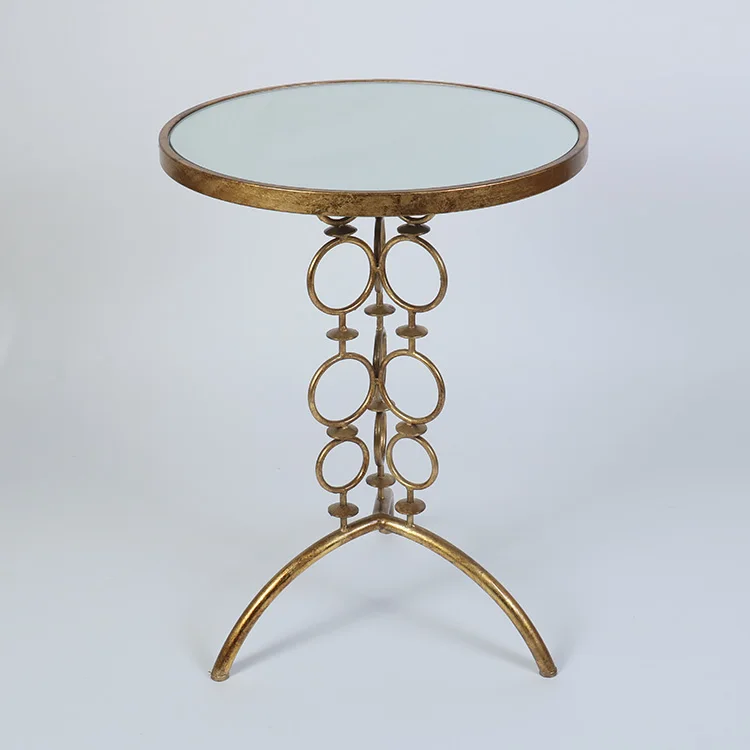Gold Foil Leave Side Furniture Metal mirror Top Round Coffee Table