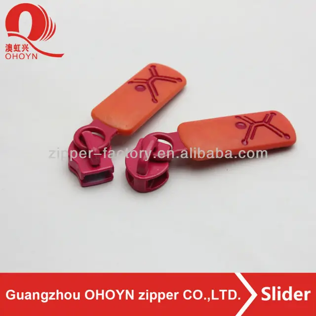 bag zipper puller,pink metal slider with orange color zippers