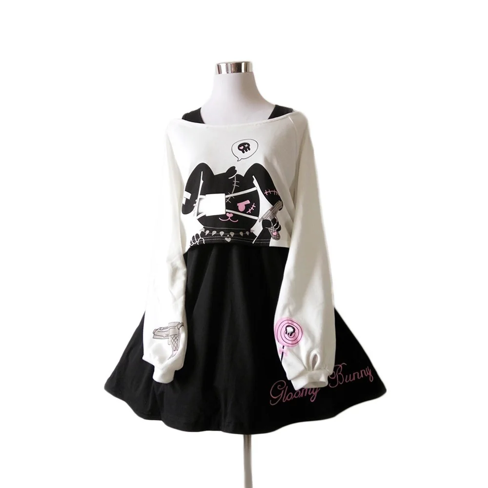 

Black Comic Rabbit Dress 2 Pcs Suit Sweet Cotton Dress Short Cute Bunny Print Long Sleeves Japanese Lolita Dress