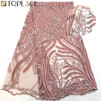 

Peach color nigerian lace fabric 2019 new velvet embroidery french lace with sequins for party dress