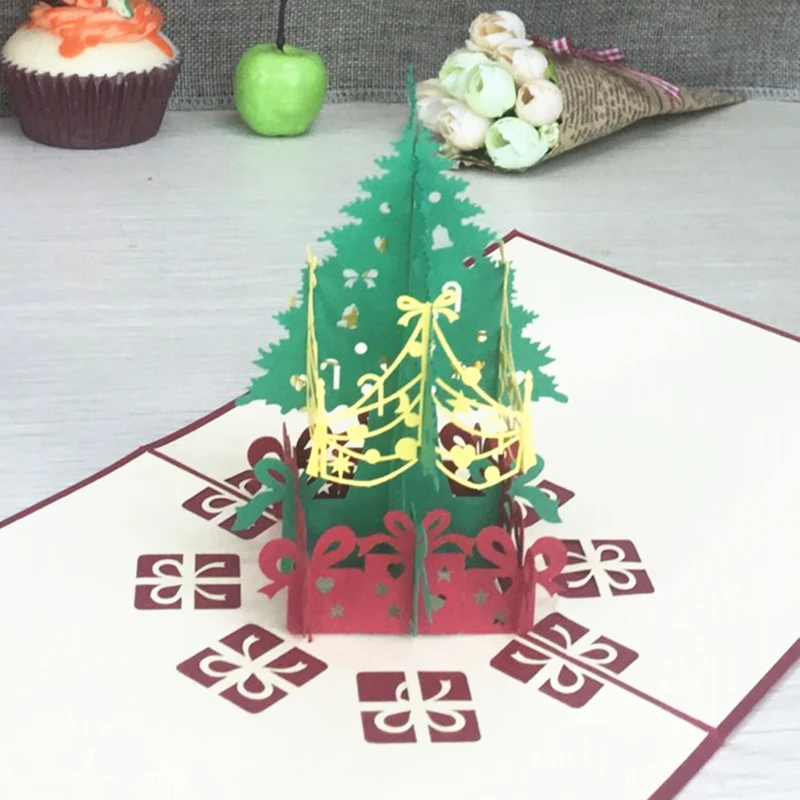 1pcs Sample Christmas Tree 3D Laser Cut Greeting Pop Up Card Ivitation Custom Postcards Christmas Thanksgiving Day Party Gifts (4)