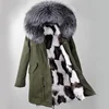 Warmly long sleeve coat fashion real raccoon fur collar parka lined with fox fur
