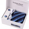 Competitive Price Blue Polyester Tie Handkerchief Cufflinks Sets with Gift Box Packing