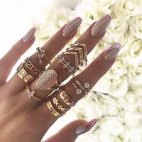 

13pc/set Bohemia Virgin Mary Cross Star Flower Leaves Ring 2019 New Crystal Gold Ring Set Women Vintage Jewelry Gifts