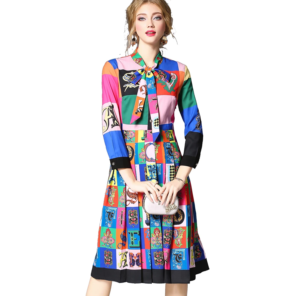 European and American Women Fashion Bow Knot Tie Neck Long Sleeve Medium Long A Line Pleated Dress, Print
European and American Women Fashion Bow Knot Tie Neck Long Sleeve Medium Long A Line Pleated Dress, Print