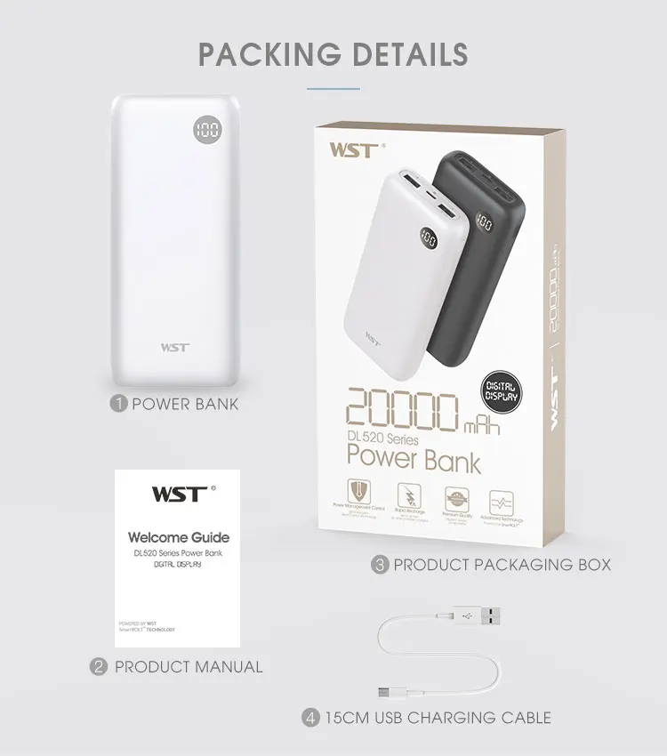 WST ABS Micro USB output input royal sleek 20000 mah portable power bank with digital display screen - ANKUX.COM