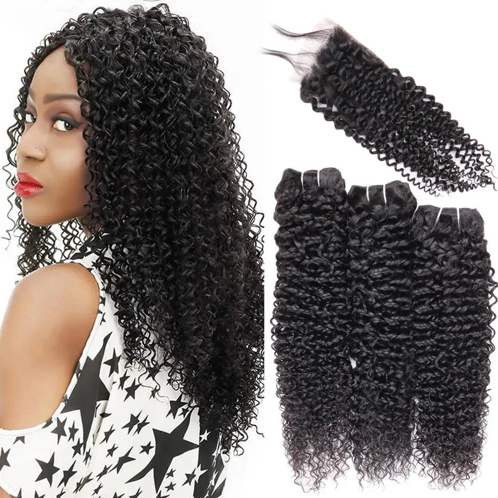 

Kinky Curly Human Hair Bundles With 4x4 Closure Natural Black Unprocessed Human Remy Hair 9A Curly Weave Brazilian Virgin Hair