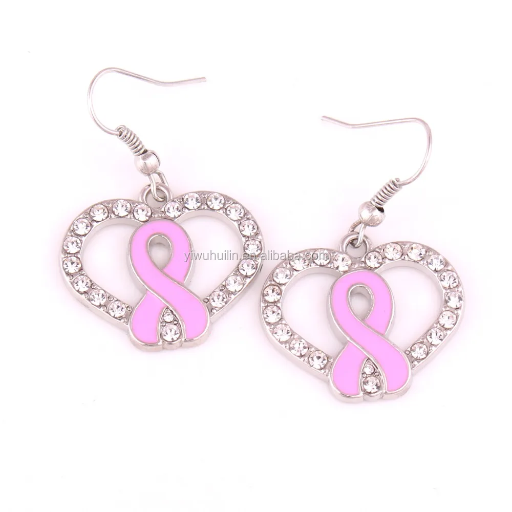 IMG1013 Yiwu Huilin Schmuck großhandel rosa Brustkrebs Awareness herz mode ohrringe für mädchen