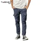 Mens Cargo Pants with Six Pockets Cotton Trousers Ninth Tapered Zipper Decoration