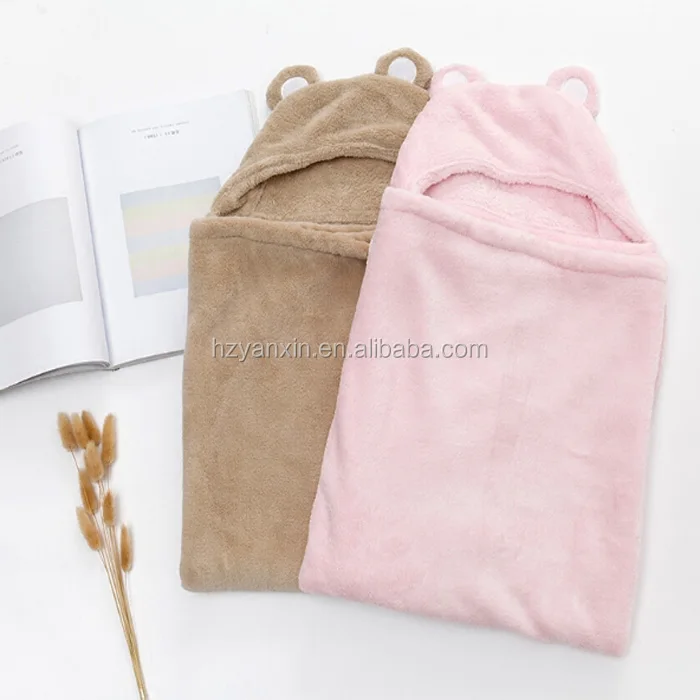 hot sale polyester soft coral fleece hood baby swaddle blanket