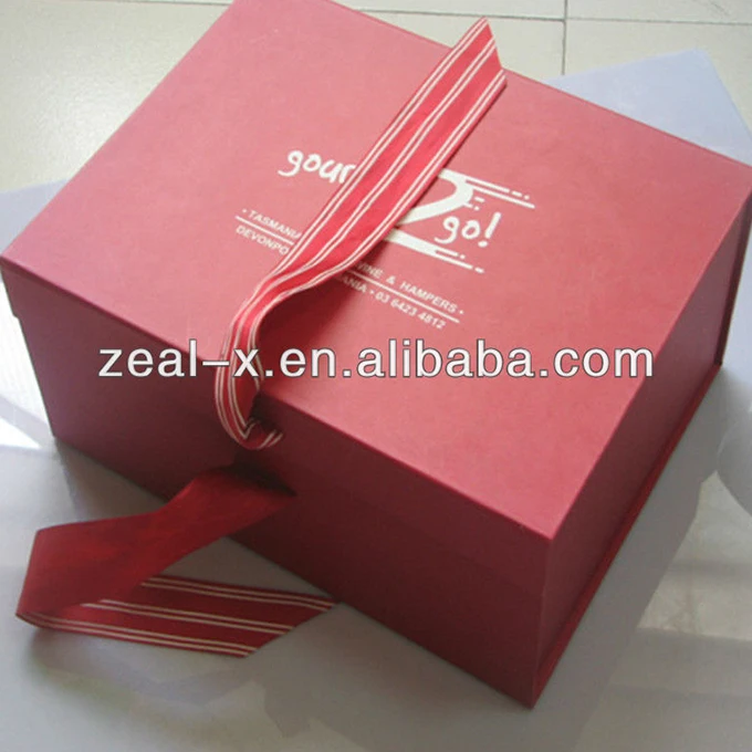 magnetic closure red cardboard folding paper box with ribbon for