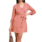 Wholesale fashion 2019 new women plus size long lace sleeve V-neck loose A-line casual dress for summer