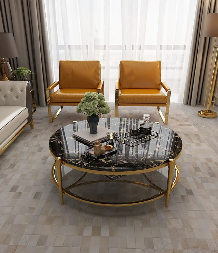 Luxury Modern Round  Stainless Steel Base Golden Color Tempering Marble Top Coffee Table for Living Room