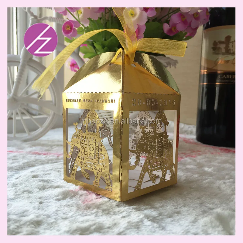 Custom elegant laser cut wedding candy gift paper packaging box candy box /cake box shiny gold metallic paper TH-67