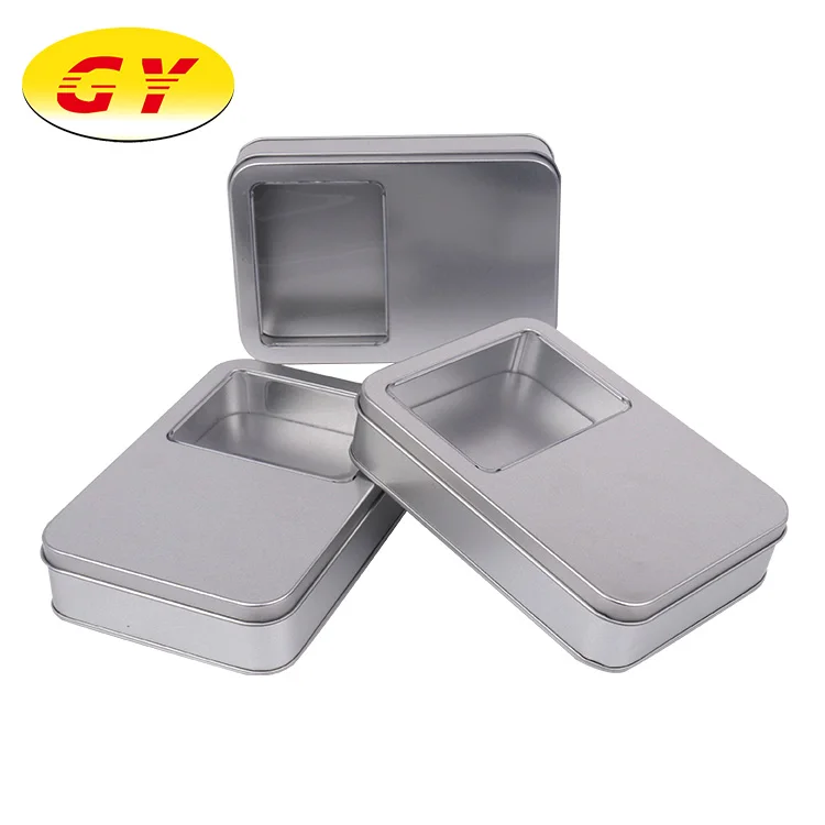 Wholesale customizable window silver high quality rectangular tin can