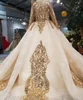 Jancember LSS417 gold and white long dress full sleeve o neck chapel train with patterns evening dress