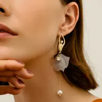 

Fancy Gold Korean Flower Petal Earrings Long pearl Drop Post earring Ballet Dancing Girl Latest Fashion Earrings for women