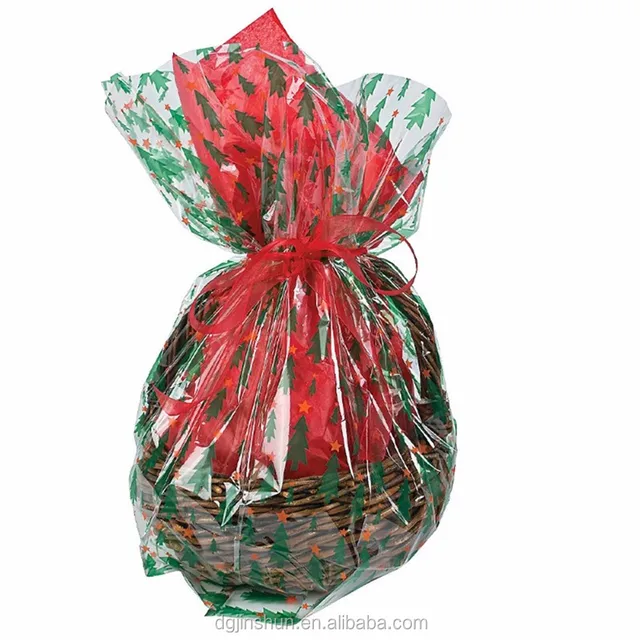 customer design printed transparent gift basket shrink wrap bag